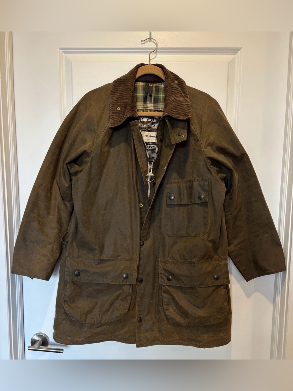 Vintage Barbour Waxed Jacket 42 Olive Green A98 Solway Zipper Men's Trench Coat